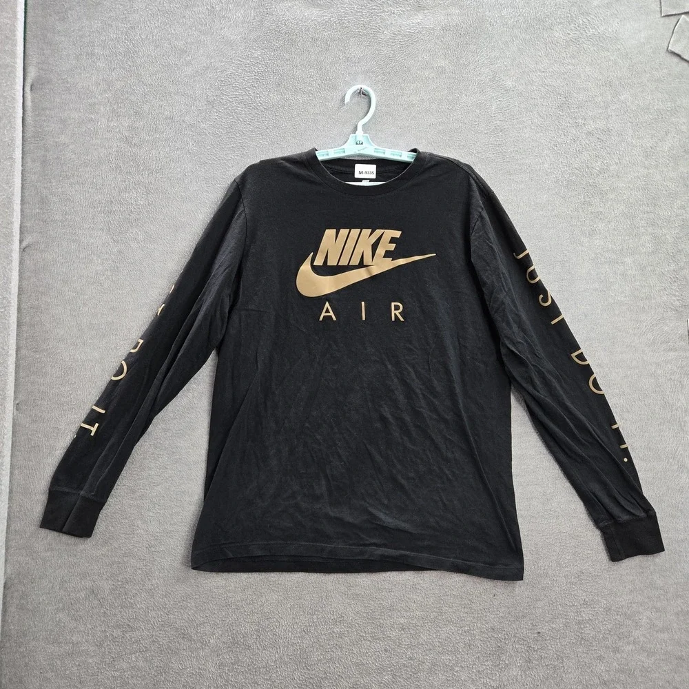 Nike‎ Men Shirt L Black Air Swoosh Logo Graphic Print Long Sleeve Crew Neck Tee